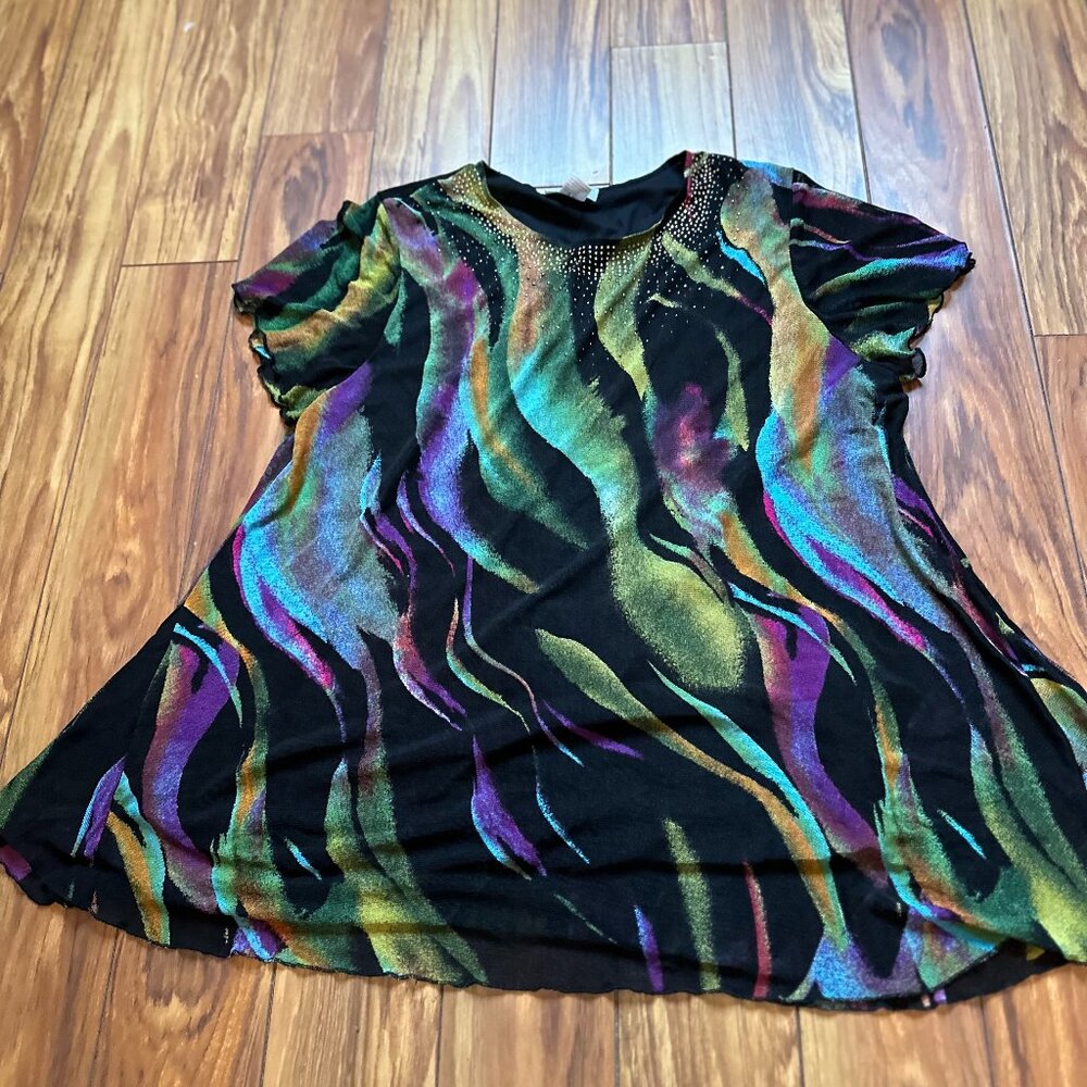 Vintage 90s Y2K Serengeti black multicolor funky abstract sheer top - 2X